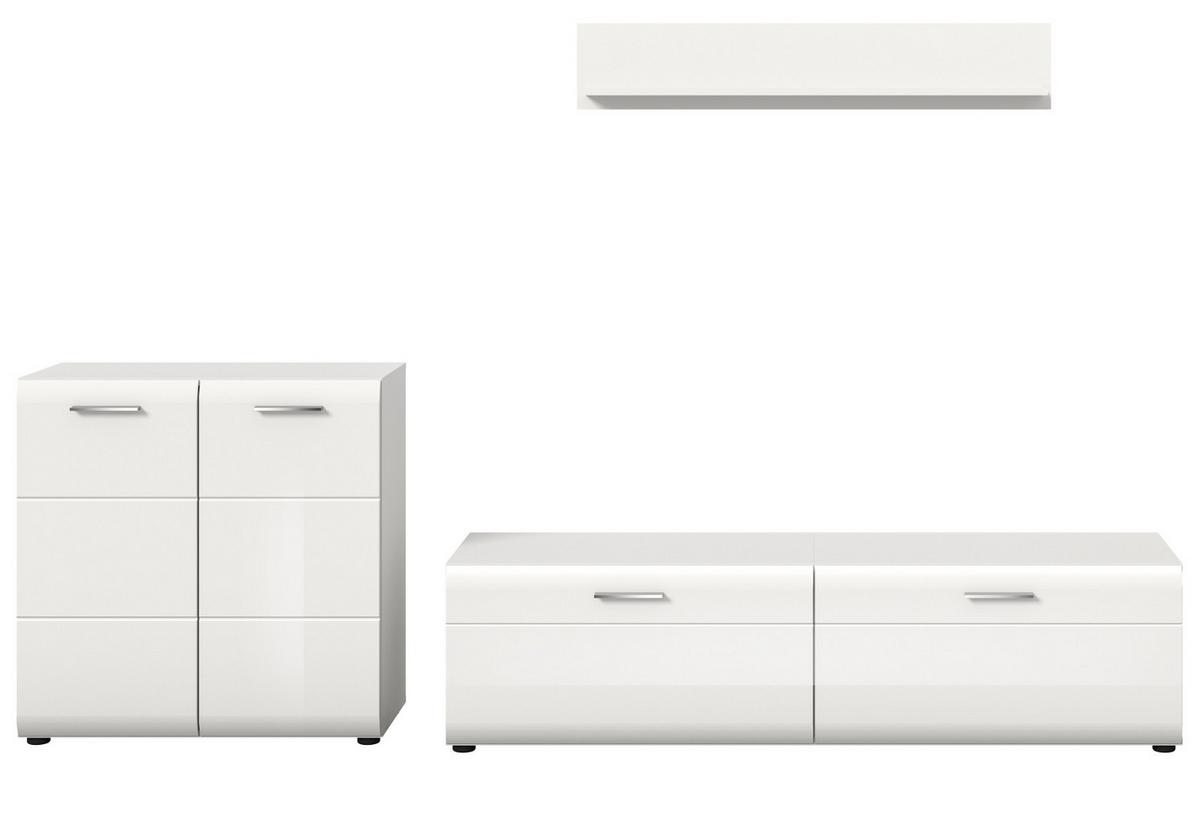 WOHNWAND weiß Hochglanz 3-teilig 255 cm, Schrankwand modernes Design - Weiß Hochglanz/Silberfarben, Glas/Holzwerkstoff (255/160/41cm) - Inn.Furn