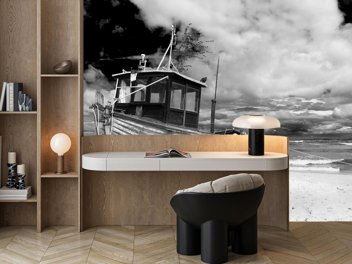 FOTOTAPETE für Wohnzimmer Schwarz-Weiß Boot Strand Meer 100x70 - Schwarz/Weiß, Papier (100/70cm) - Muralo