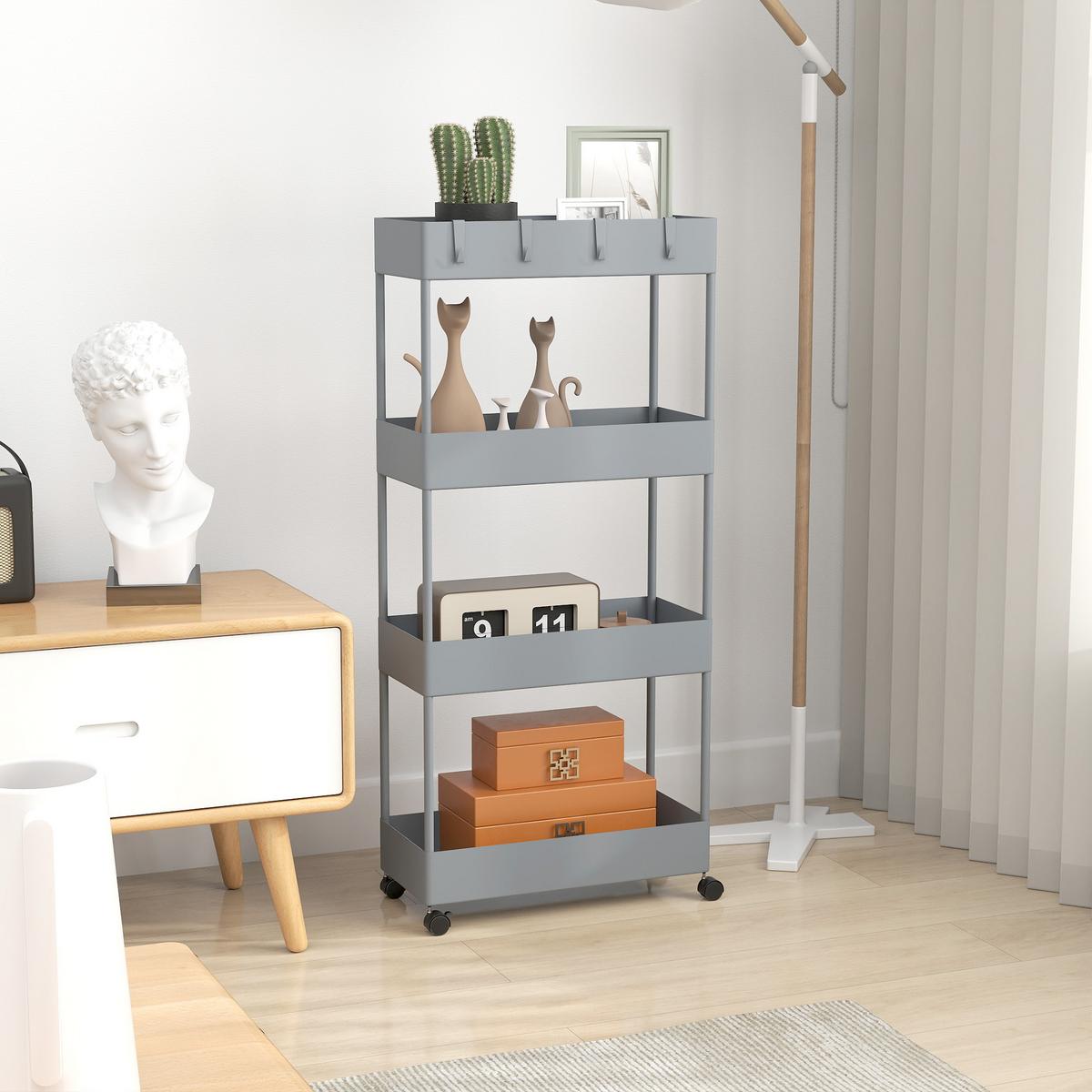 ROLLWAGEN mit 4 Ebenen, Kunststoff, Grau, 40 x 19 x 90 cm - Grau, Metall (19/90/40cm) - HOMCOM