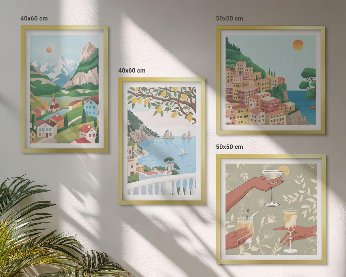 BILDER SET 4er Set - 50x50 cm & 40x60 cm Goldrahmen - Pastellfarbene Küstenhäuser - Goldfarben, Kunststoff (50/50cm) - TULUP