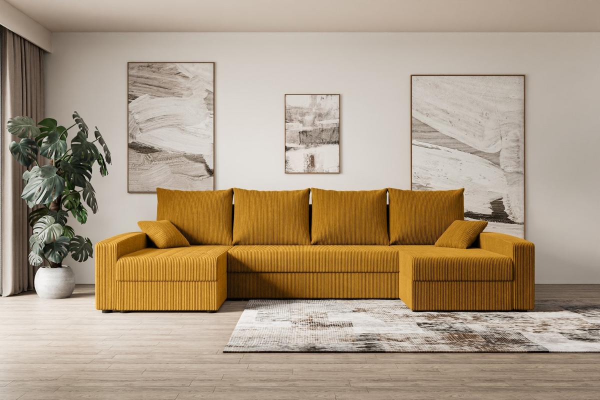 WOHNLANDSCHAFT mit Schlaffunktion und Bettkasten ALESIA-U 301x140x90 cm Senfgelb Cord - Gelb/Silberfarben, Holzwerkstoff/Kunststoff (301/90/140cm) - ALTDECOR