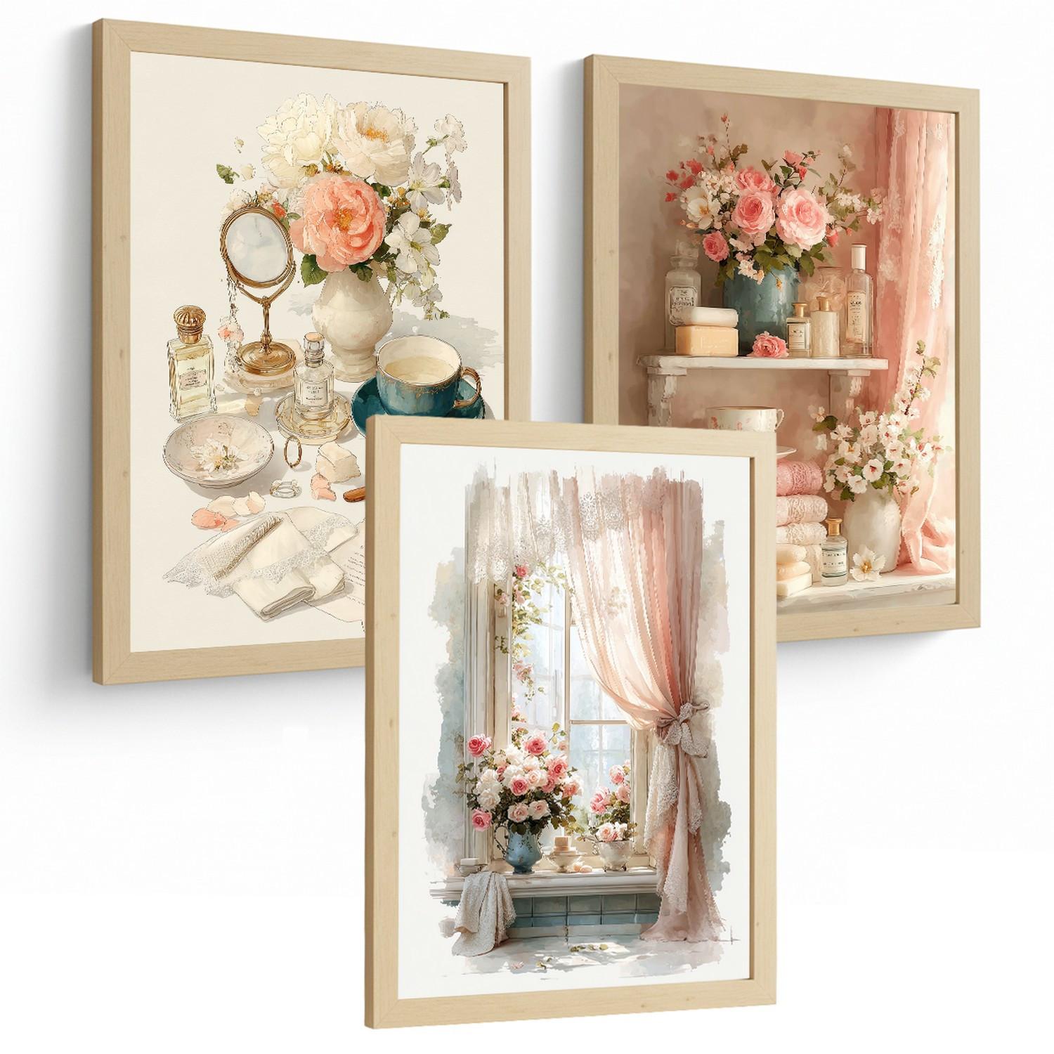 POSTER 3er-Set dekorative Badezimmerdrucke, romantischer Stil, Bilder mit Rosen, Parfums und Fenster, elegante, Wohndekoration Leichter Holzrahmen A3 - Beige, Papier (42/29.7/3cm) - Nacnic
