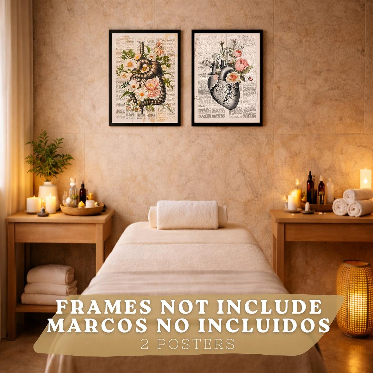 POSTER Set aus 2 Anatomie Mensch Drucke und Wandbilder mit Verdauungssystem Darm und Herz Klassisches Florales Design Größe Rahmenlos A3 - Klar, Papier (29.7/42/3cm) - Nacnic