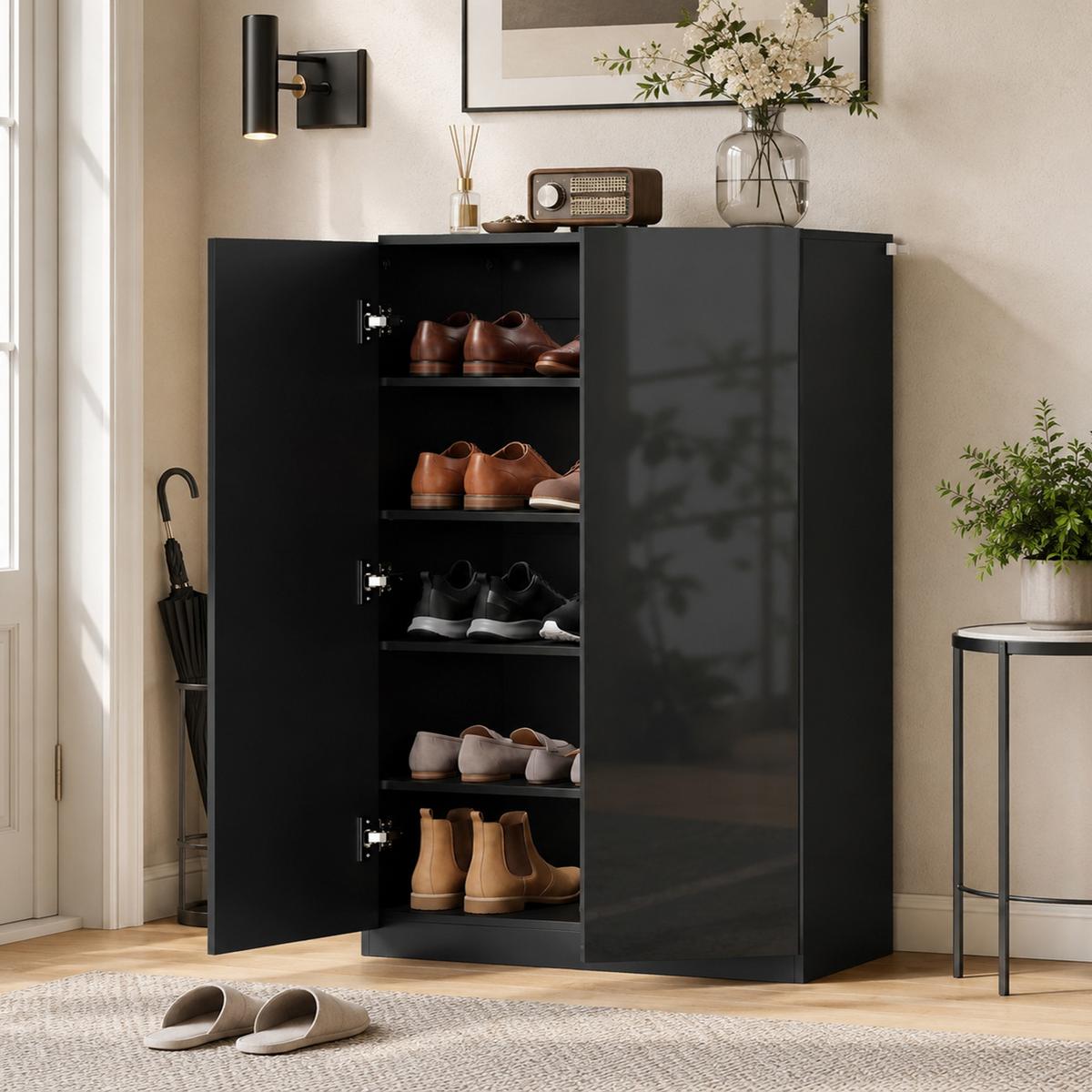 SCHUHSCHRANK Spanplatte MDF Schwarz - Schwarz Hochglanz/Schwarz, Holzwerkstoff (34/103/72cm) - HOMCOM