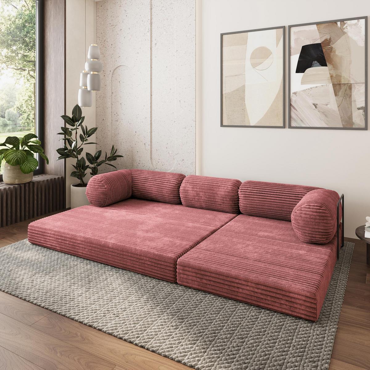 ECKSOFA ETERA modulares Boneless Sofa mit Schlaffunktion Rosa Kordstoff - Rosa, Textil (270/160cm) - MASSENO
