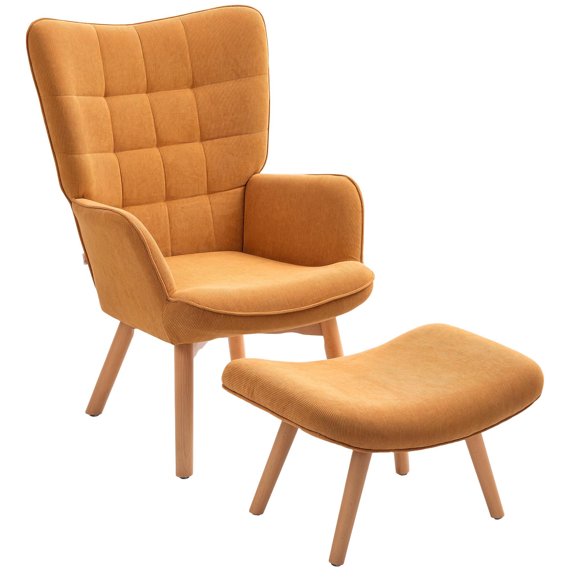 SESSEL mit Hocker, Ohrensessel mit Hoher Rückenlehne, Holzbeine, Cord, Braun - Buchefarben/Bernsteinfarben, Buchenholz/Textil (80/101/72cm) - HOMCOM