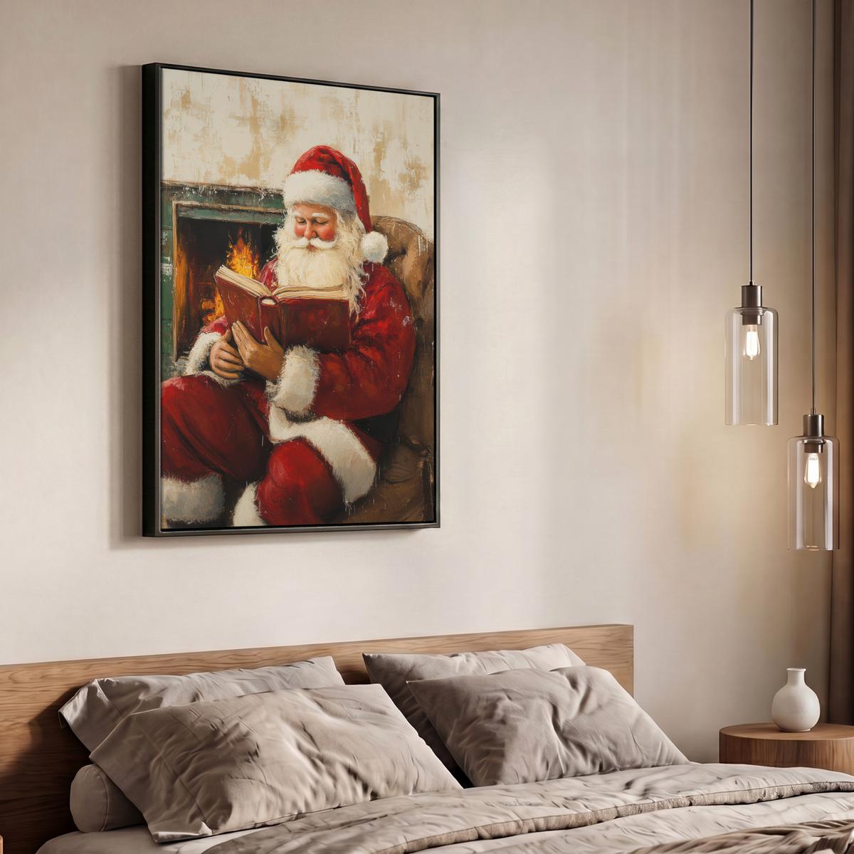LEINWAND Bilder mit Rahmen - Weihnachten - Weihnachtsmann - Winter - Open Fireside - 70x100 - Dunkelrot, Textil (70/100cm) - MuchoWow