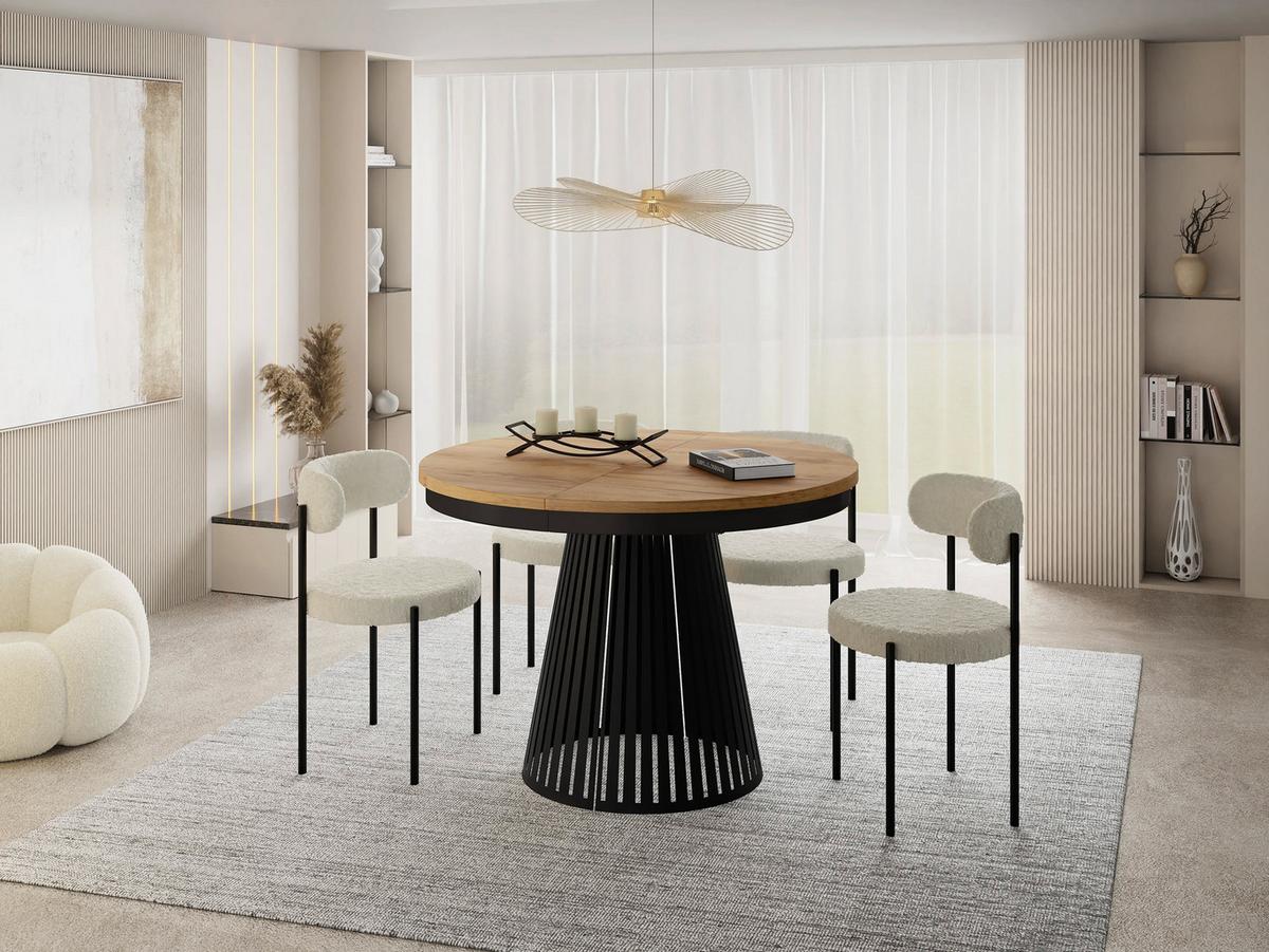 ESSTISCH Naro rund ausziehbar mit Schwarzem Lamellen-Metallgestell, Braun 100-180/100/76 cm - Eiche Wotan/Schwarz, Holzwerkstoff/Metall (100/176/76cm) - WFL GROUP