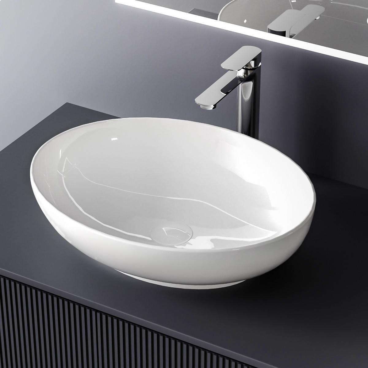 WASCHBECKEN Oval Keramik Weiß Glänzend 52 / 39 / 14 cm - Weiß, Keramik (52/13/39.5cm) - EMKE