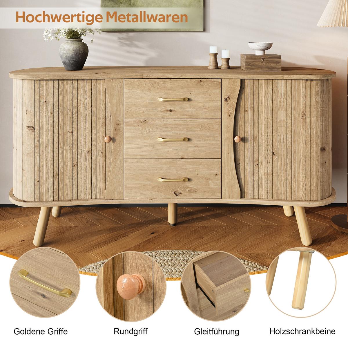 SIDEBOARD holzoptik & erbsenform 2 schiebetüren & 3 schubladen - Naturfarben, Holzwerkstoff (150/75/36.5cm) - Urban Meuble