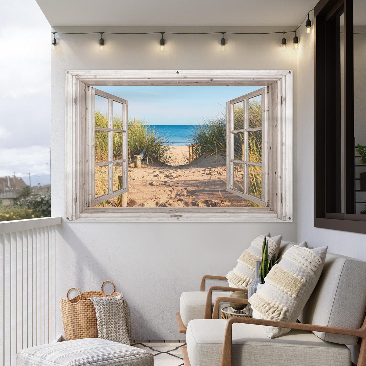GARTENPOSTER Durchblick - Strand - Meer - Dünen - Sand - Wasser - Hochgras Poster für draußen 180x120 cm - Sandfarben, Kunststoff (180/120/0.2cm) - OnlyWow