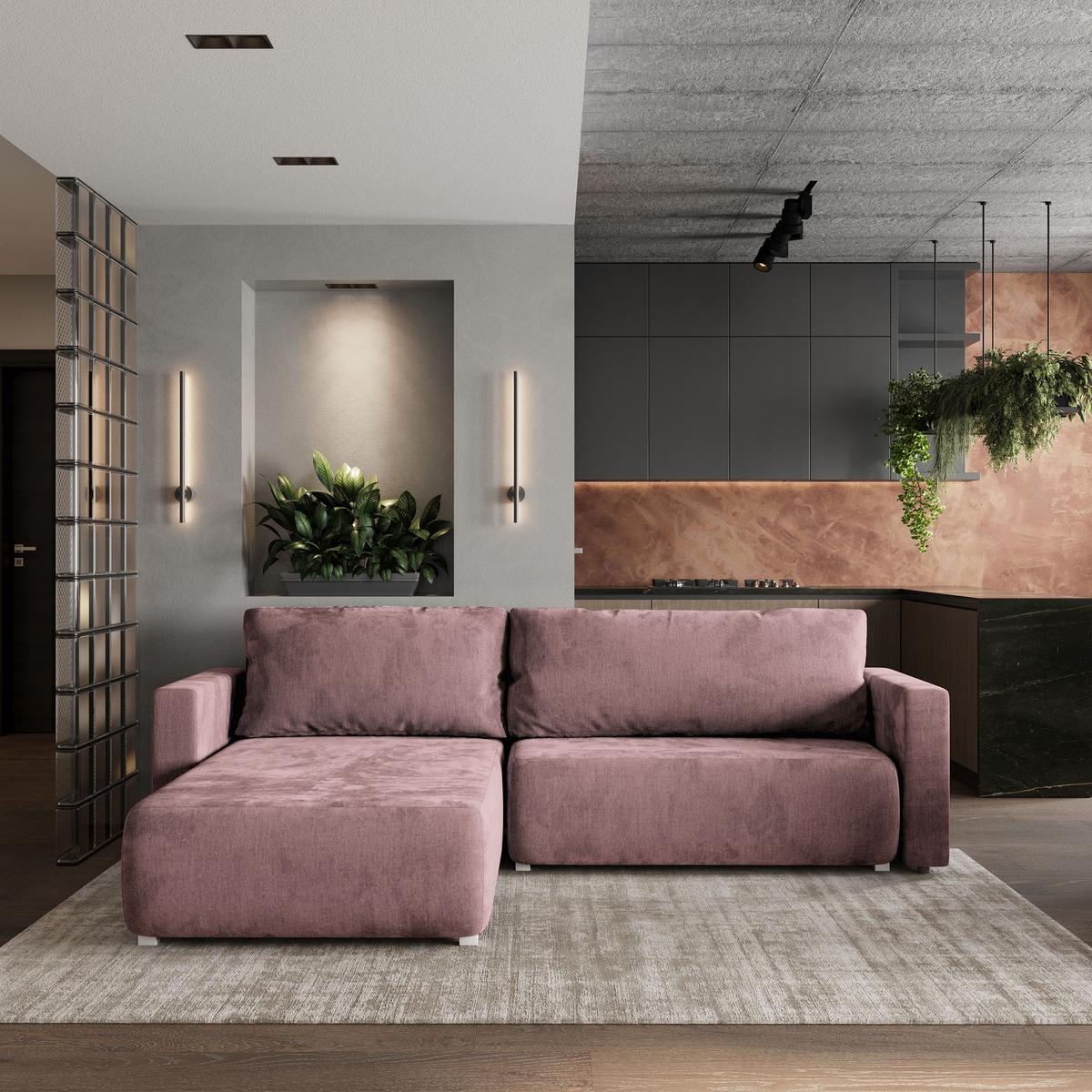 ECKSOFA TURIN M Lila Velours-Stoff mit Schlaffunktion - Lila/Grau, Holz/Kunststoff (265/183cm) - MASSENO