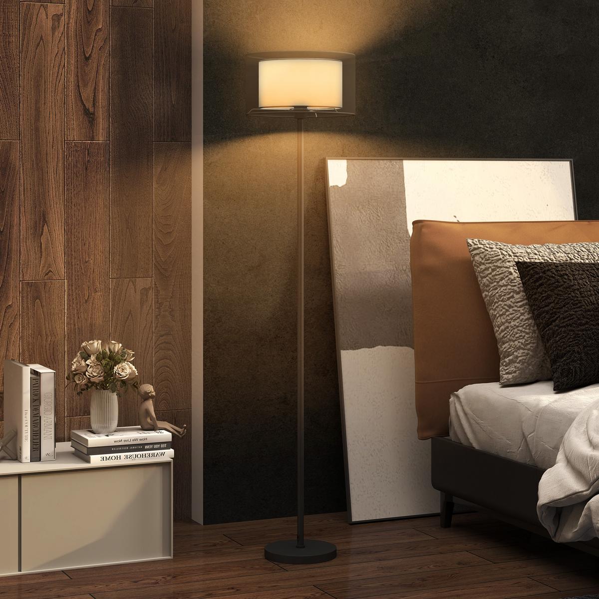 STEHLAMPE, Stehleuchte mit E27 Fassung, Lampenschirm aus Stoff, Schwarz - Schwarz, Metall (33/33/152.5cm) - HOMCOM