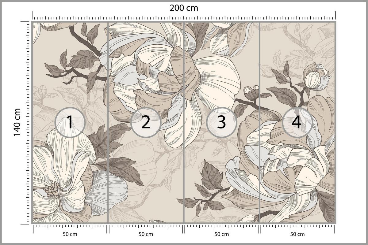 FOTOTAPETE für Wohnzimmer Natur Große Blüten Blätter Pflanzen 200x140 - Beige/Creme, Papier (200/140cm) - Muralo