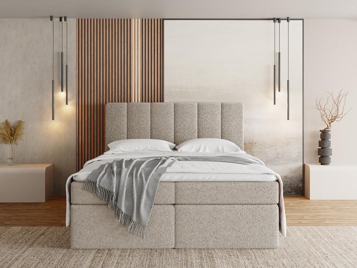 BOXBETT Amira mit Bettkasten, Boucle Beige 160/200 cm – 7-Zonen Taschenfederkern-Matratze & Komfortschaum-Topper - Beige/Schwarz, Kunststoff/Textil (160/200cm) - WFL GROUP