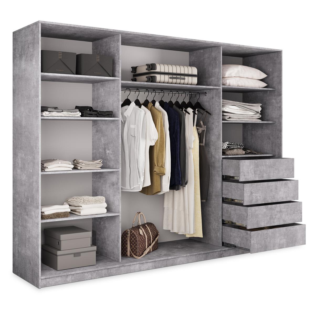 SCHWEBETÜRENSCHRANK TARI 250/205/58 cm 3-türig mit Spiegel und Schubladen Titanfarben - Titanfarben/Silberfarben, Holzwerkstoff (250/205/58cm) - MASSENO