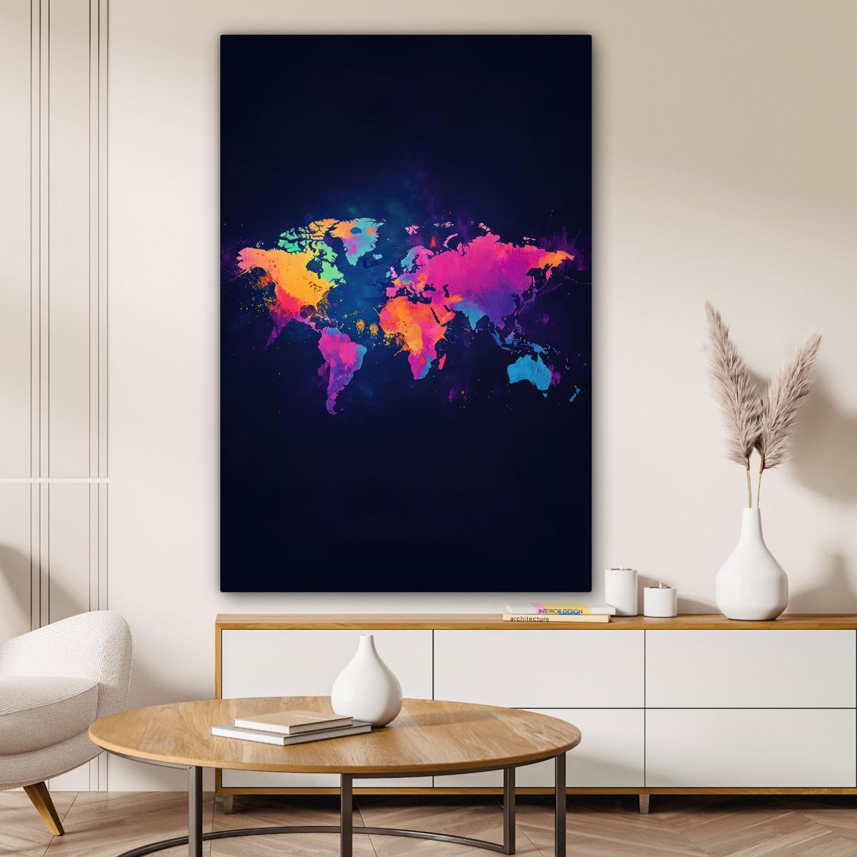LEINWANDBILD Weltkarte - Bunt - Graffiti Deko XXL 80x120 cm - Multicolor, Textil (80/120cm) - MuchoWow