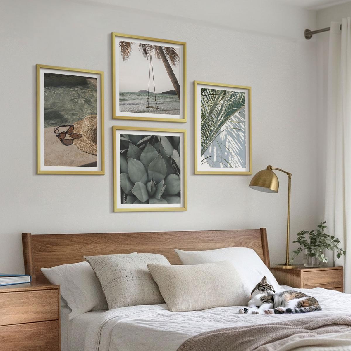 BILDER SET 4er Set - 50x50 cm & 40x60 cm Goldrahmen - Tropische Pflanzen für den Urlaub - Goldfarben, Kunststoff (50/50cm) - TULUP