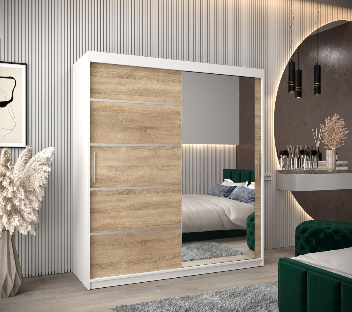 SCHWEBETÜRENSCHRANK 200/180/62 2-türig - Silberfarben/Weiß, Holz/Kunststoff (180/200/62cm) - MÖBEL KRYSPOL