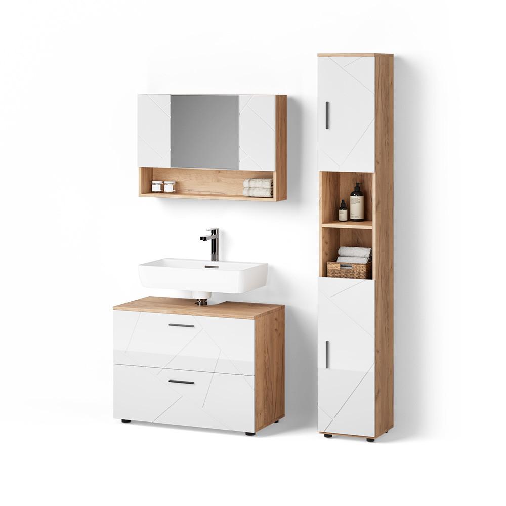 BADMÖBEL-SET Ronco Weiß Hochglanz/Goldkraft Eiche 3 Teile, mit Spiegelschrank 80 cm - Honigeiche/Weiß Hochglanz, Holzwerkstoff (80/58/41cm) - Livinity®