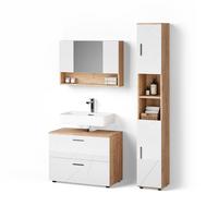 BADMÖBEL-SET Ronco Weiß Hochglanz/Goldkraft Eiche 3 Teile, mit Spiegelschrank 80 cm - Honigeiche/Weiß Hochglanz, Holzwerkstoff (80/58/41cm) - Livinity®