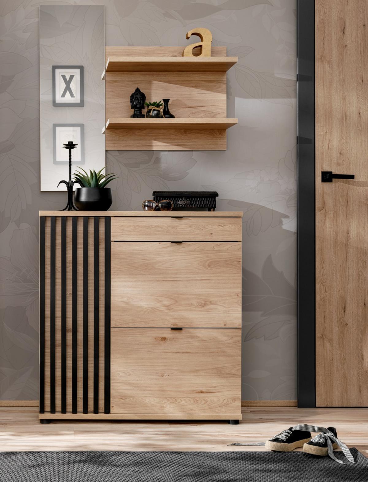 SCHUHSCHRANK Eiche Jackson, schwarz 90 cm, Schuhkommode mit Kippern - Eichefarben/Schwarz, Holzwerkstoff/Kunststoff (90/94/35cm) - Furn.Design