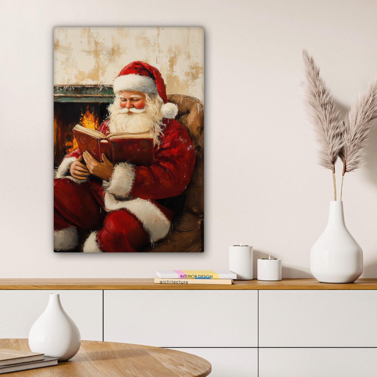 LEINWANDBILD Weihnachten - Weihnachtsmann - Winter - Open Fireside Wanddeko Schlafzimmer 60x90 cm - Dunkelrot, Textil (60/90cm) - MuchoWow
