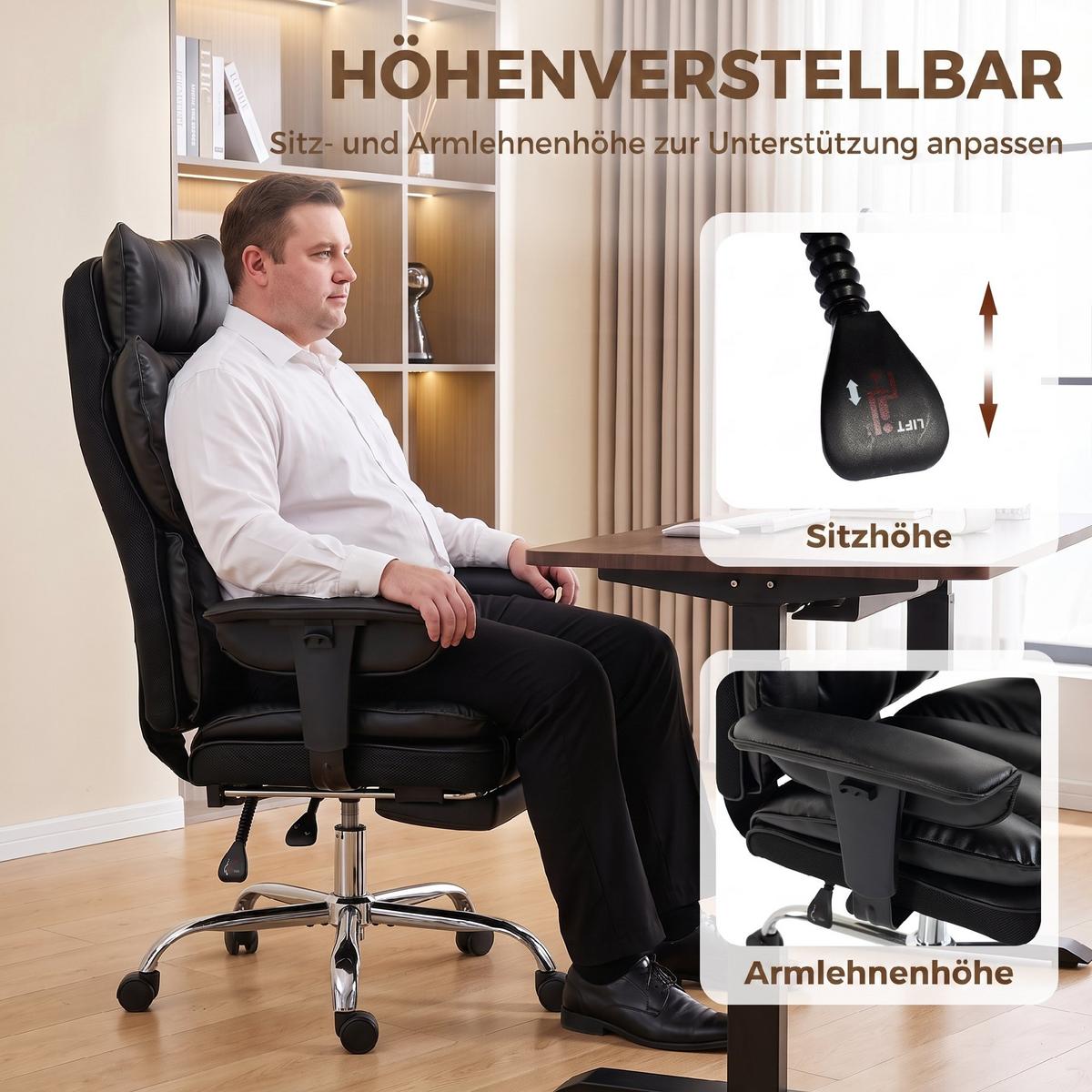 SCHWERLAST-BÜROSTUHL Kunstleder Schwarz - Silberfarben/Schwarz, Leder/Holzwerkstoff (67/130/80cm) - HOMCOM
