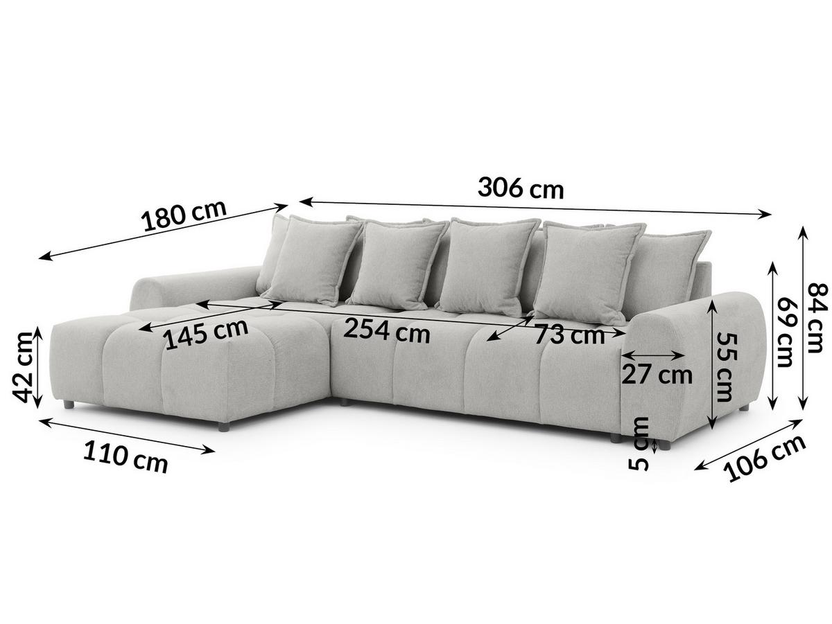 ECKSOFA Bubble mit losen Rückenkissen und Sitzfläche in Bubble-Optik aus weichem Hellgrau Strukturstoff mit schöner Sitzkomfort - Ottomane links - Hellgrau/Schwarz, Holz/Kunststoff (180/306cm) - S-Style Möbel