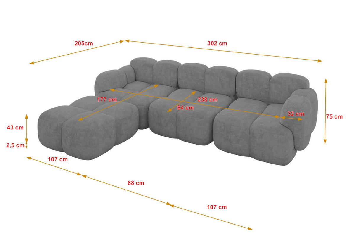 ECKSOFA modulares Sofa Links Miko-L2 302x205x75 Grau Velours - Schwarz/Grau, Holzwerkstoff/Kunststoff (302/205cm) - ALTDECOR