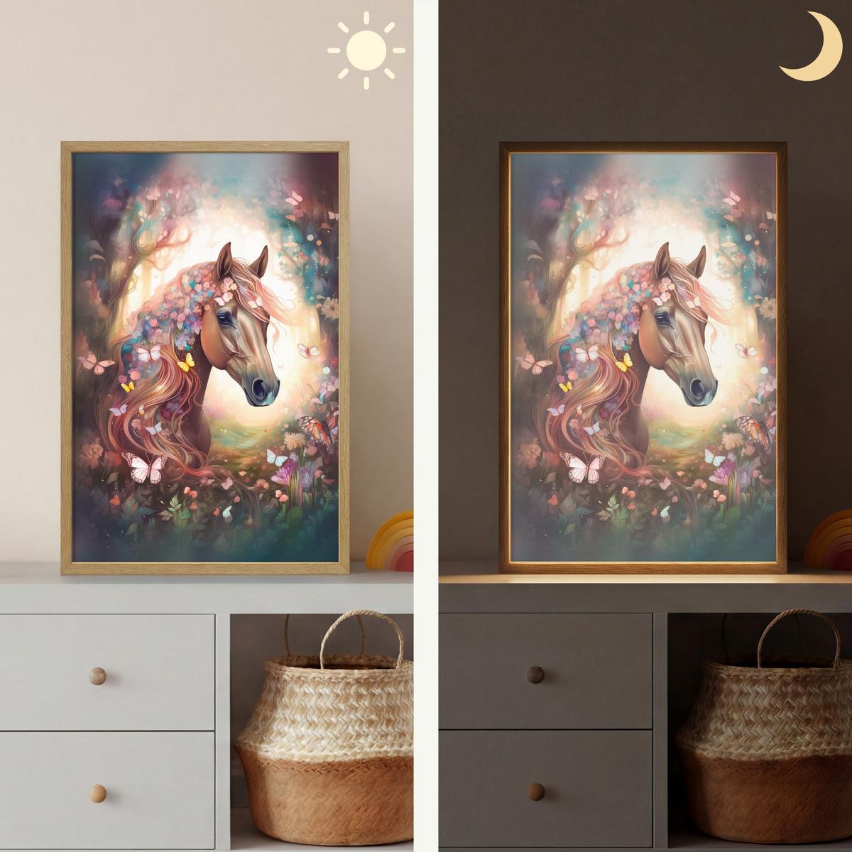 WANDLEUCHTE MIT AKKU Pferd - Natur - Blumen - Schmetterlinge - Wald 40x60 cm - Dunkelbraun, Holzwerkstoff (40/60/8cm) - OnlyWow