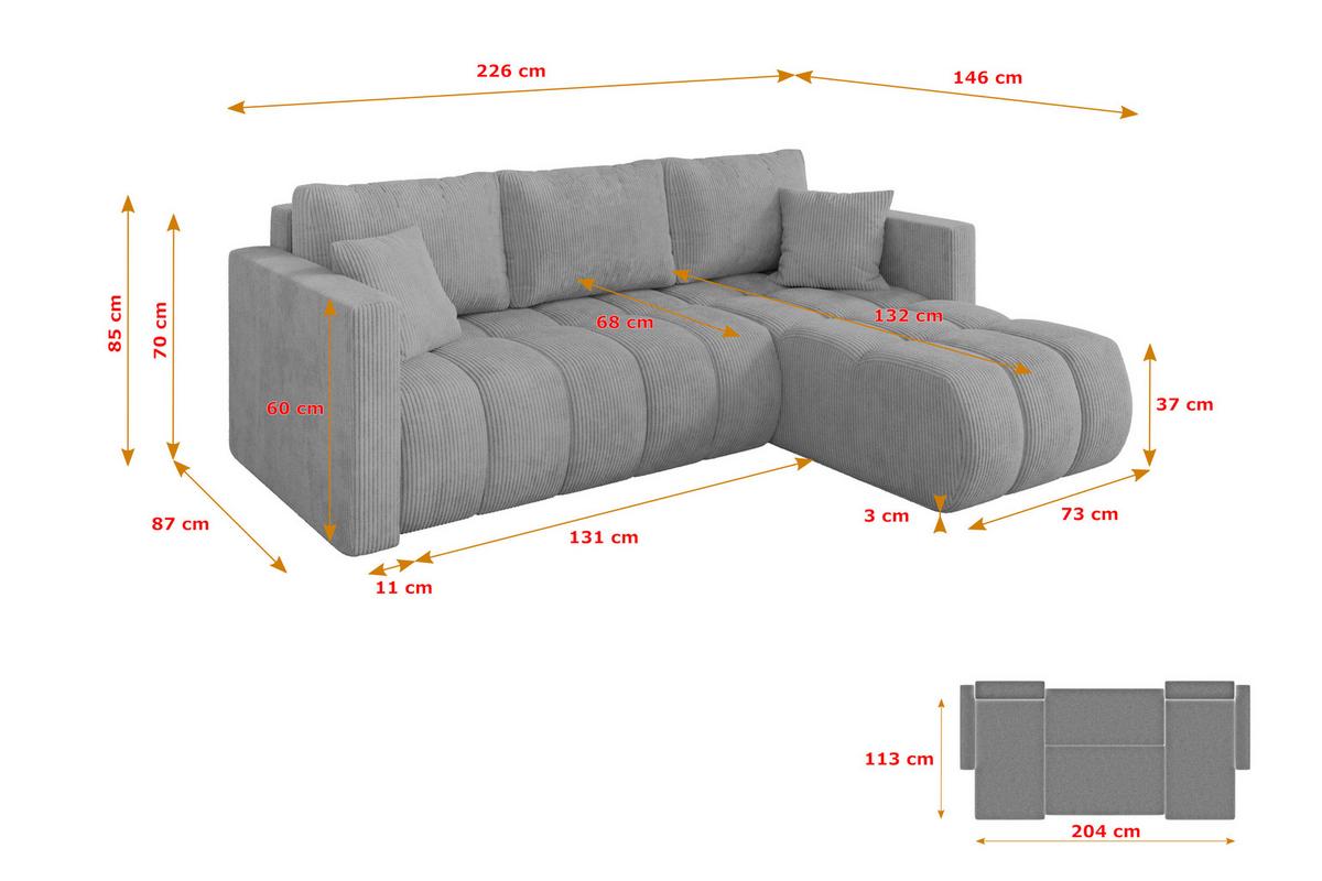 ECKSOFA mit Schlaffunktion Ottomane Rechts GARD-L 226x146x85 Grau Cord - Schwarz/Grau, Holzwerkstoff/Kunststoff (226/146cm) - ALTDECOR