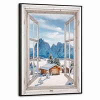 LEINWAND Bilder mit Rahmen - Winterlandschaft - Hütte - Berge - Ausblicke - Aussicht - Natur - 70x100 - Weiß Hochglanz, Textil (70/100cm) - MuchoWow