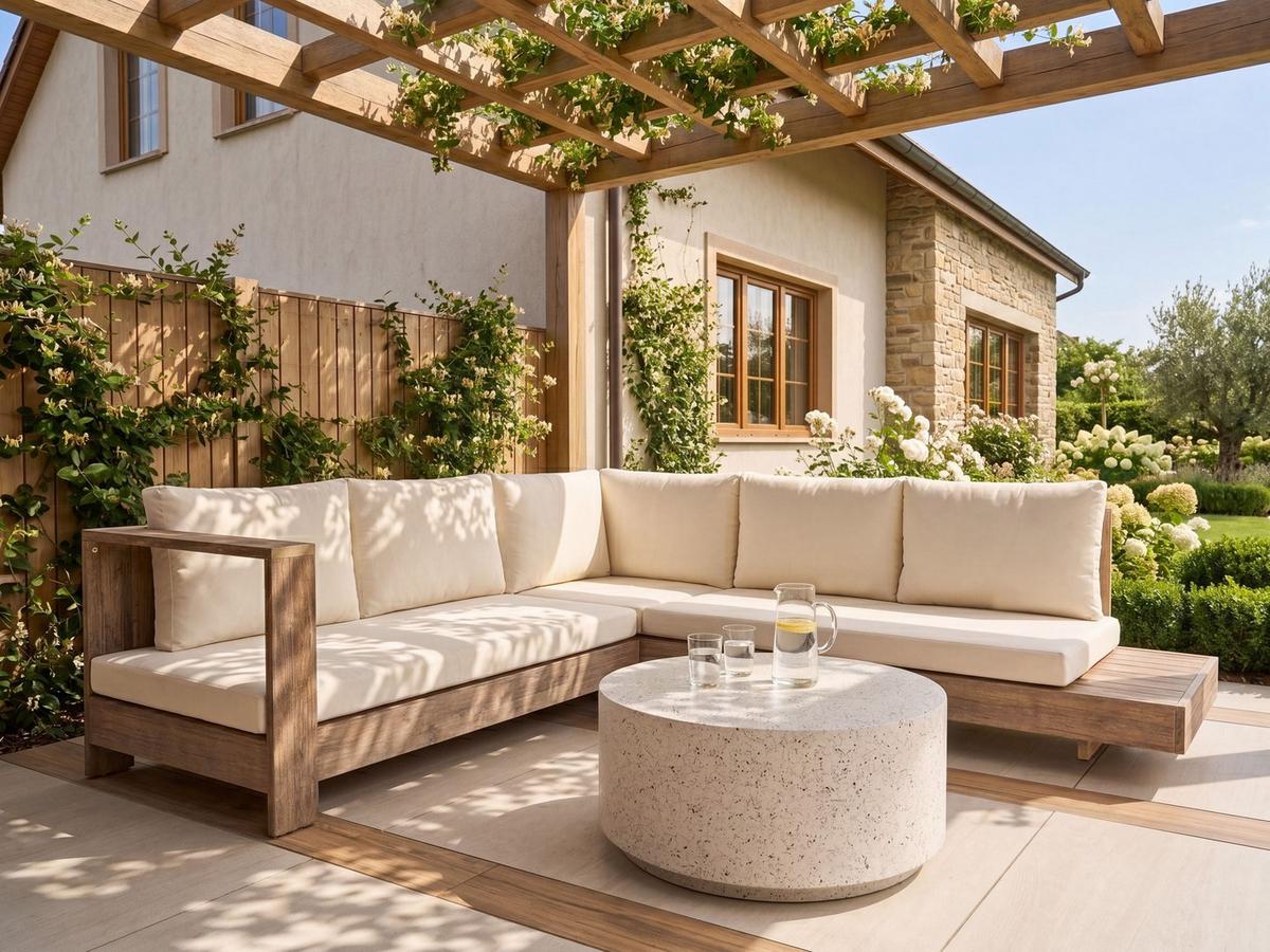 GARTENECKSOFA 5-Sitzer zertifiziertes Akazienholz rechtsseitig Cremeweiß Marettimo - Hellbraun/Braun, Holz (225/64/212cm) - Beliani