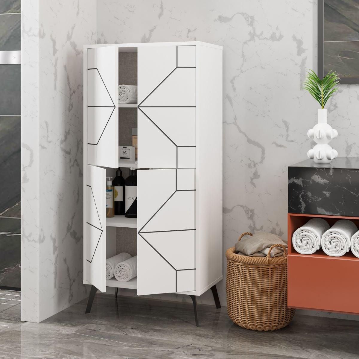 HIGHBOARD mit 4 weißen Türen und schwarzen Dekorationen H136 cm - Dune - Weiß, Holzwerkstoff (35.6/136/13cm) - Calicosy