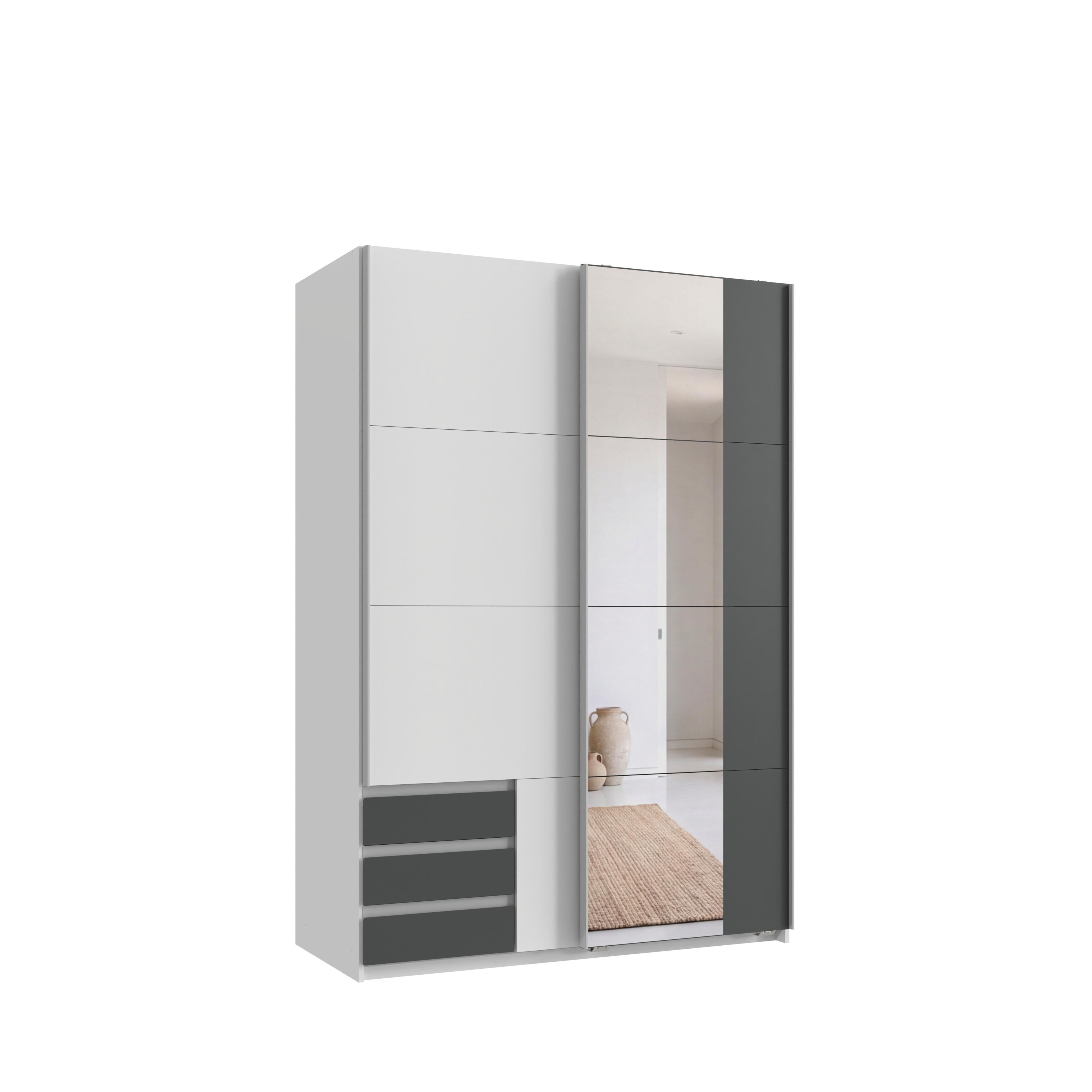 SCHWEBETÜRENSCHRANK 2-türig B135/H198/T65 cm, Kleiderschrank in Weiß, 1x Tür & sichtbare Schubkästen in Grafit mit Spiegel / 22675 - Graphitfarben/Alufarben, Holz/Holzwerkstoff (135/198/65cm) - luma-home