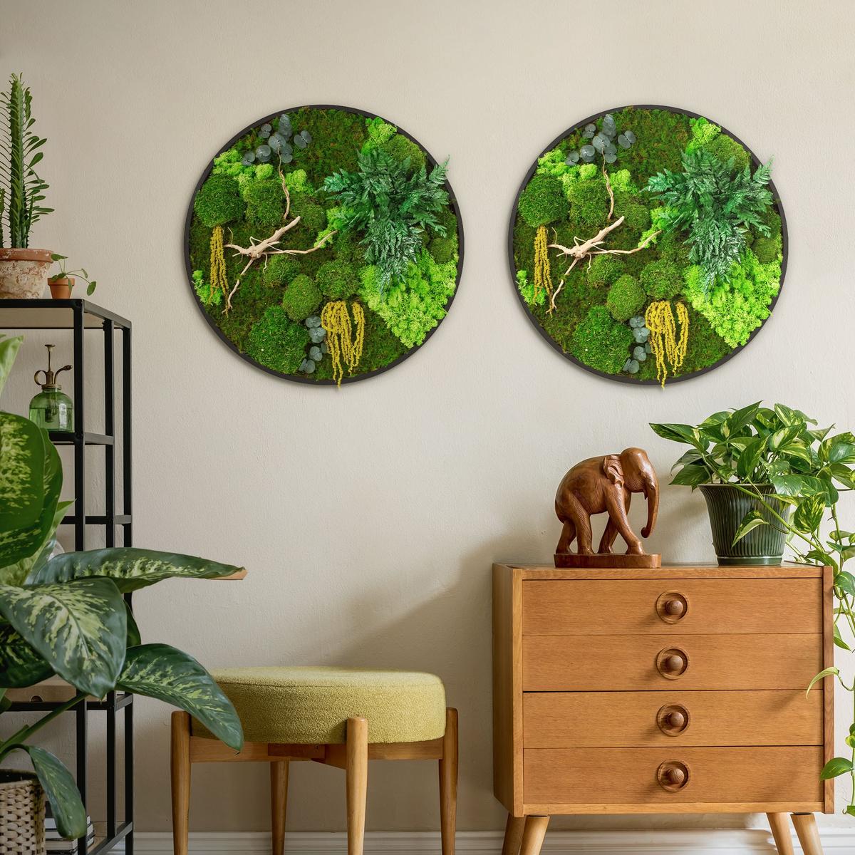 MOOSBILD Rund Ø 60 cm Mooswand Indoor mit echtem Kugel-, Island- und Flachmoos-Mix und Ästen Holzrahmen Grün - Gelb/Grün, Naturmaterialien (60/60/3cm) - ECD-Germany