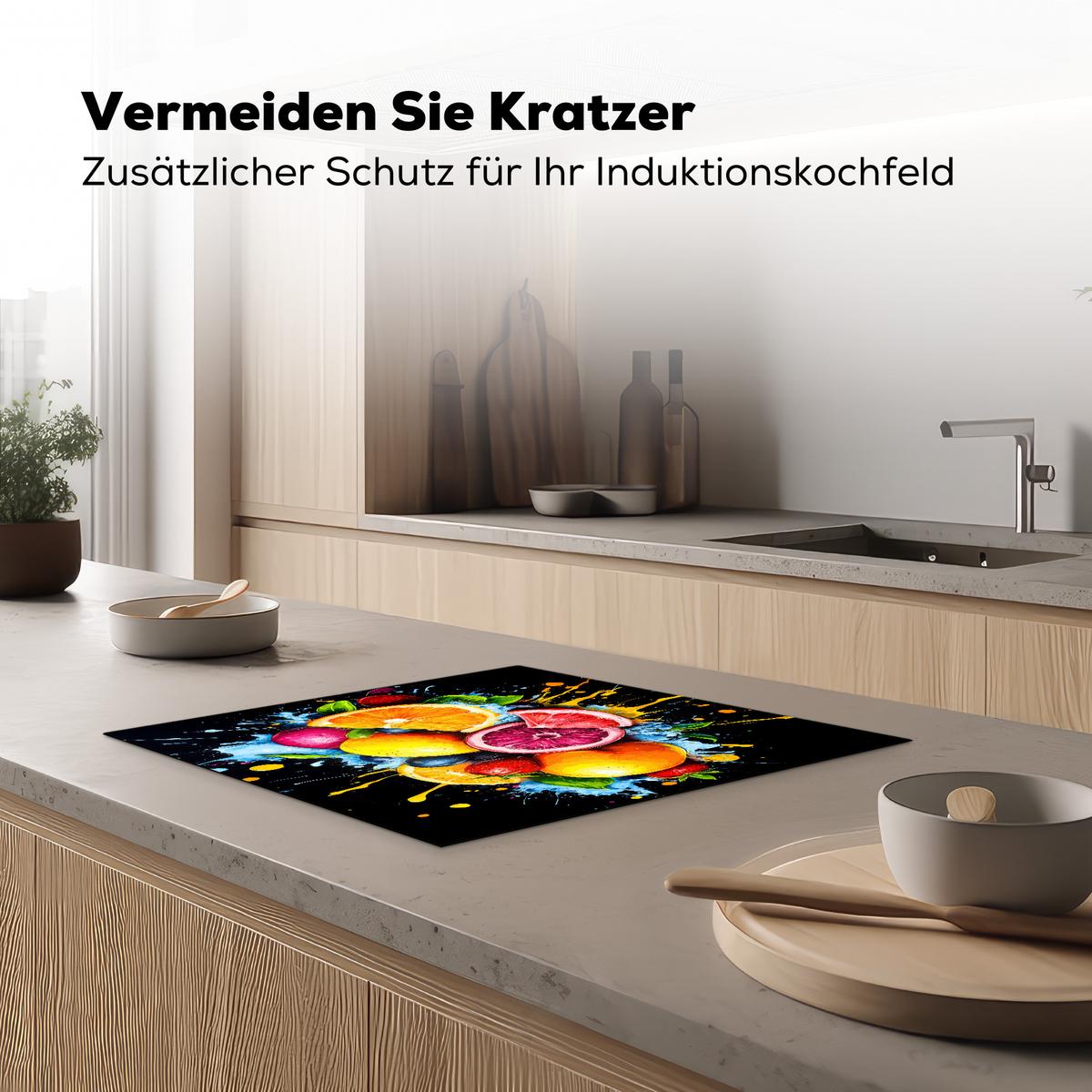 HERDABDECKPLATTE Obst - Graffiti - Bunt - Orange - Erdbeere - Abstrakt Abdeckung Ceranfeld 58.3x51.3 cm - Orange, Kunststoff (58.3/51.3/0.2cm) - MuchoWow