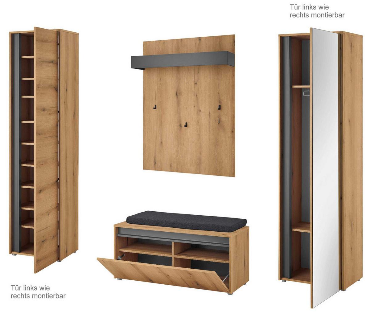 GARDEROBE-SET 5-teilig Evoke Eiche und Grau 230 cm, Flurgarderobe Komplett-Set inkl. Sitzkissen - Eichefarben/Schwarz, Glas/Holzwerkstoff (230/200/200cm) - Furn.Design