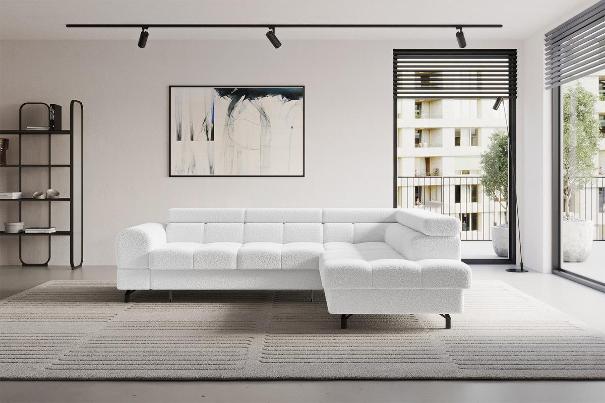 ECKSOFA mit Schlaffunktion Ottomane Rechts LUMA-L 272x203x70 Weiß Bouclé - Schwarz/Weiß, Holzwerkstoff/Kunststoff (203/272cm) - ALTDECOR