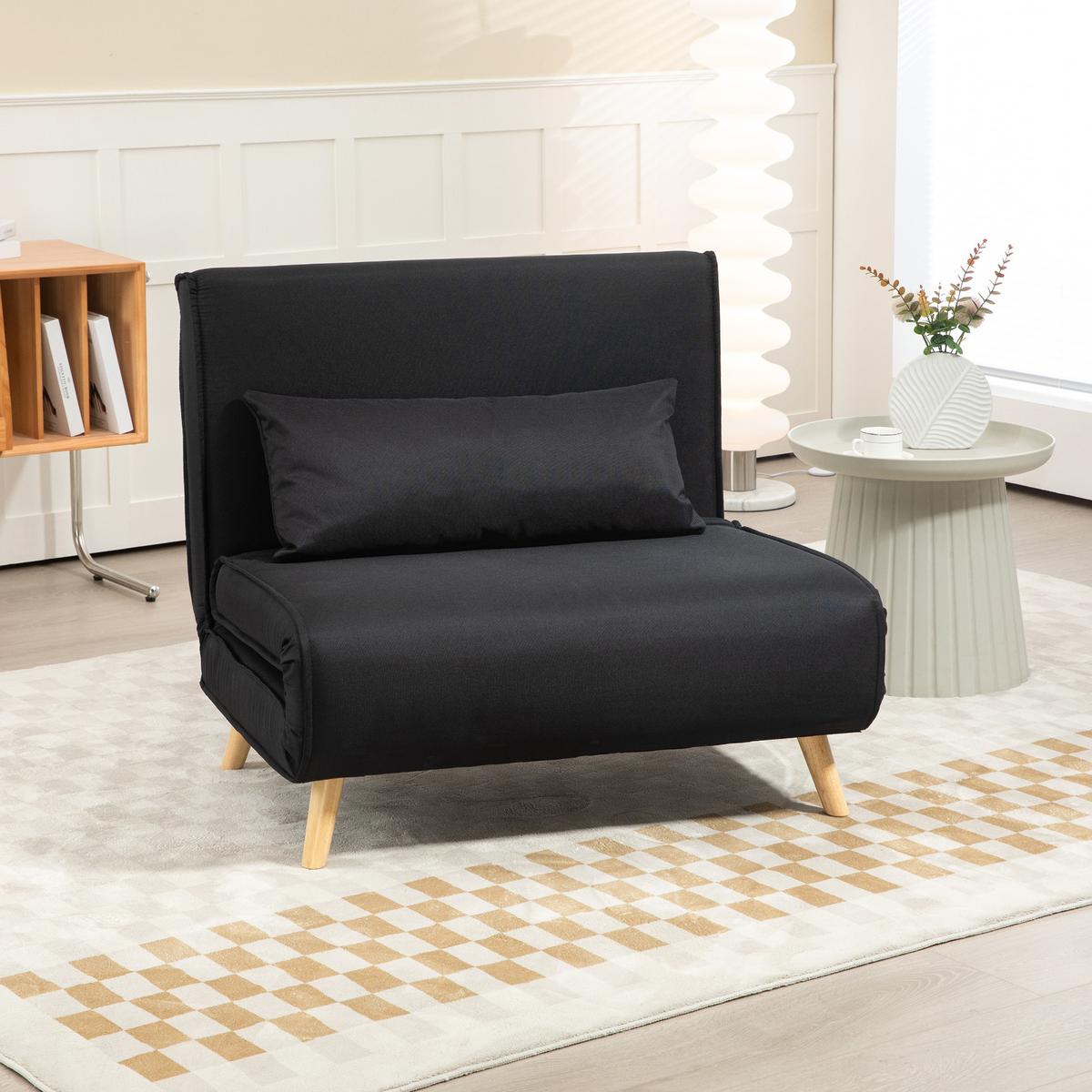 SCHLAFSESSEL, 2-in-1 Schlafsofa mit Bettfunktion, Zierkissen bis 120 kg Schwarz - Schwarz/Naturfarben, Holz/Textil (78/80/94cm) - HOMCOM