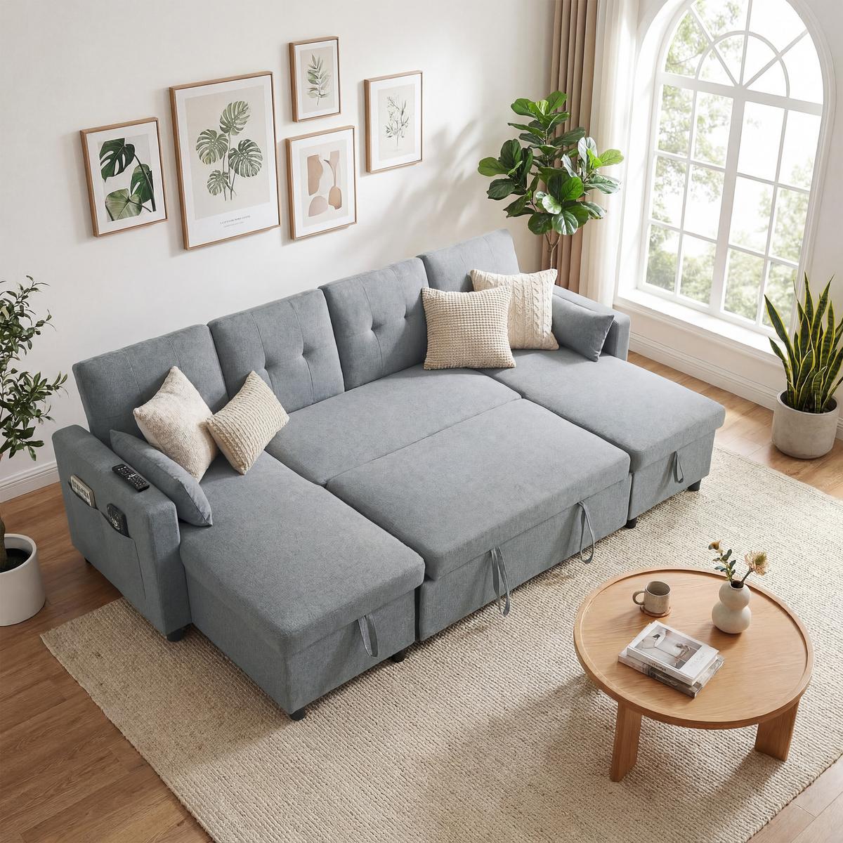 ECKSOFA Polyester Grau - Schwarz/Grau, Holz/Kunststoff (147/85/241cm) - HOMCOM