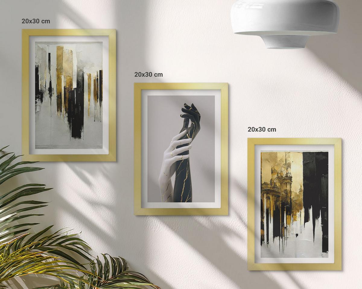 BILDER SET 3er Set - 20x30 cm Goldrahmen - Abstrakte handgemalte Muster - Goldfarben, Kunststoff (20/30cm) - TULUP