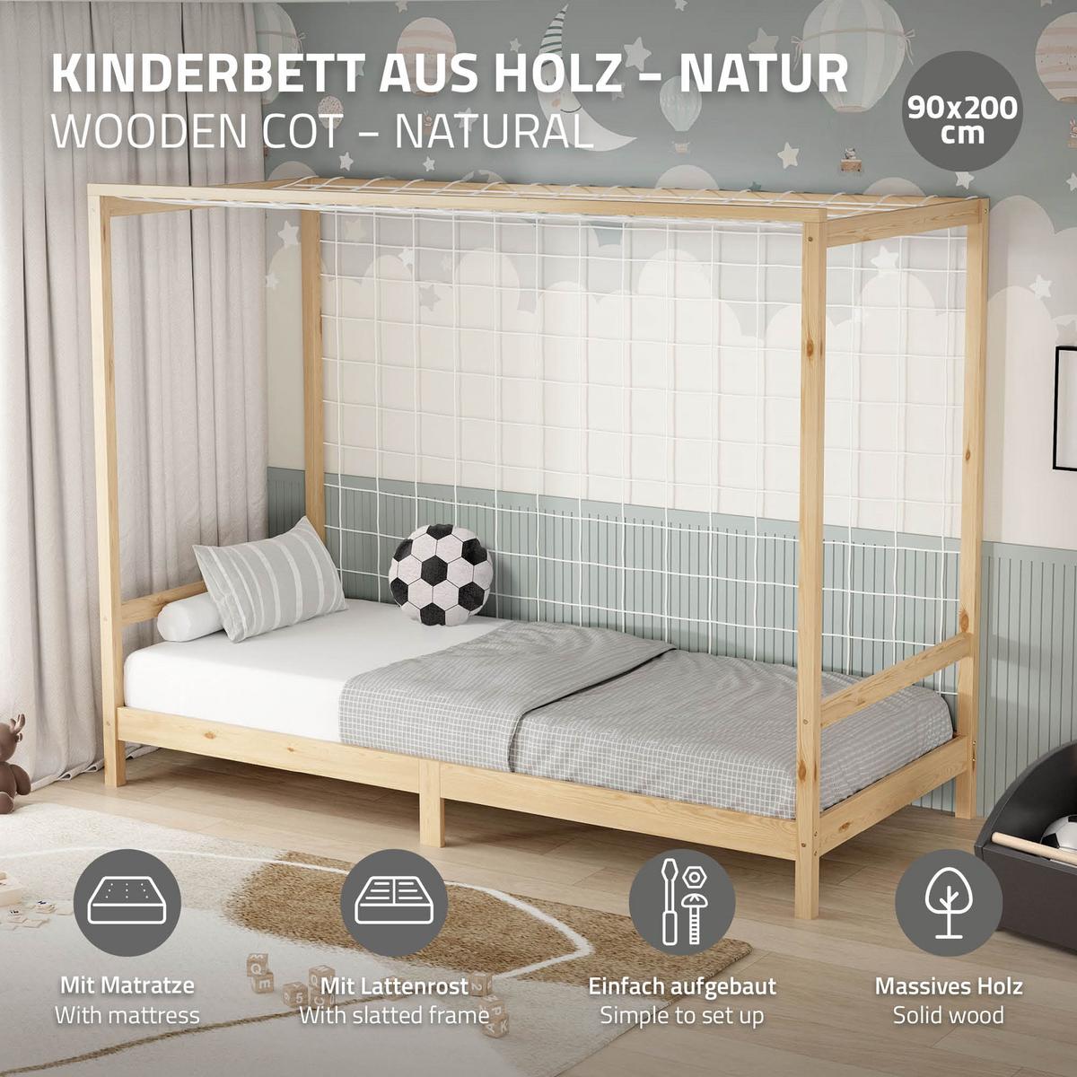 KINDERBETT Fußballtor 90x200 cm mit Matratze H:10 cm Natur Kiefernholz - Naturfarben, Holz (90/200cm) - ML-DESIGN