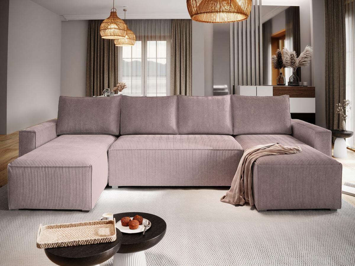 WOHNLANDSCHAFT ASPRA Lila Kordstoff mit Schlaffunktion - Lila/Grau, Holz/Kunststoff (295/85/140cm) - MASSENO