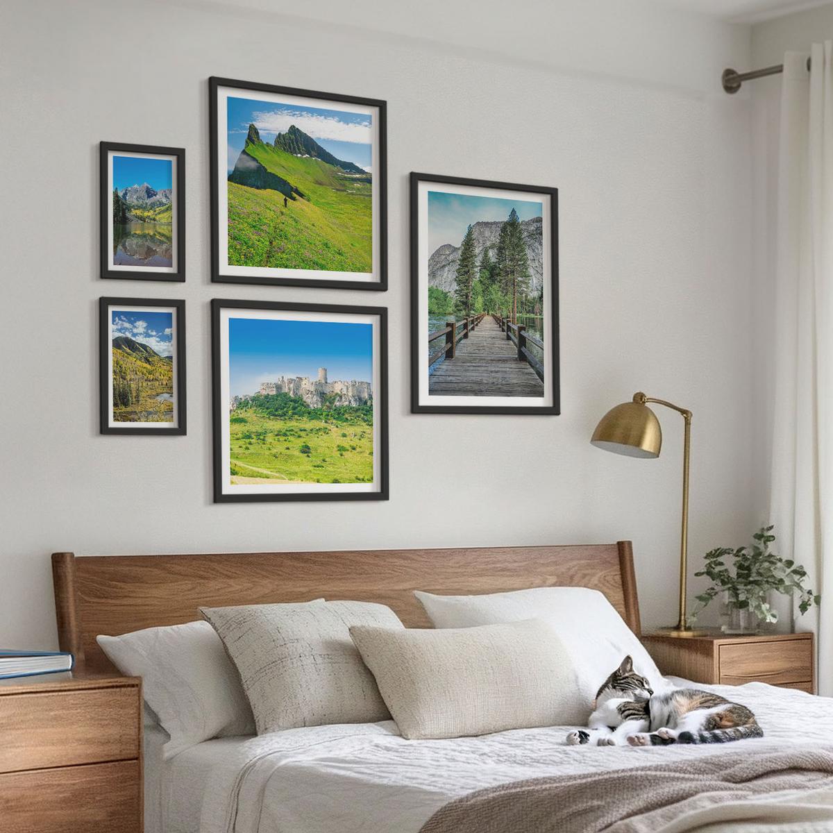 BILDER SET 5er Set - 50x50 cm & 20x30 cm & 40x60 cm Schwarzer Rahmen - Wasserfälle, Berge, Wolken, Herbst - Schwarz, Kunststoff (40/60cm) - TULUP