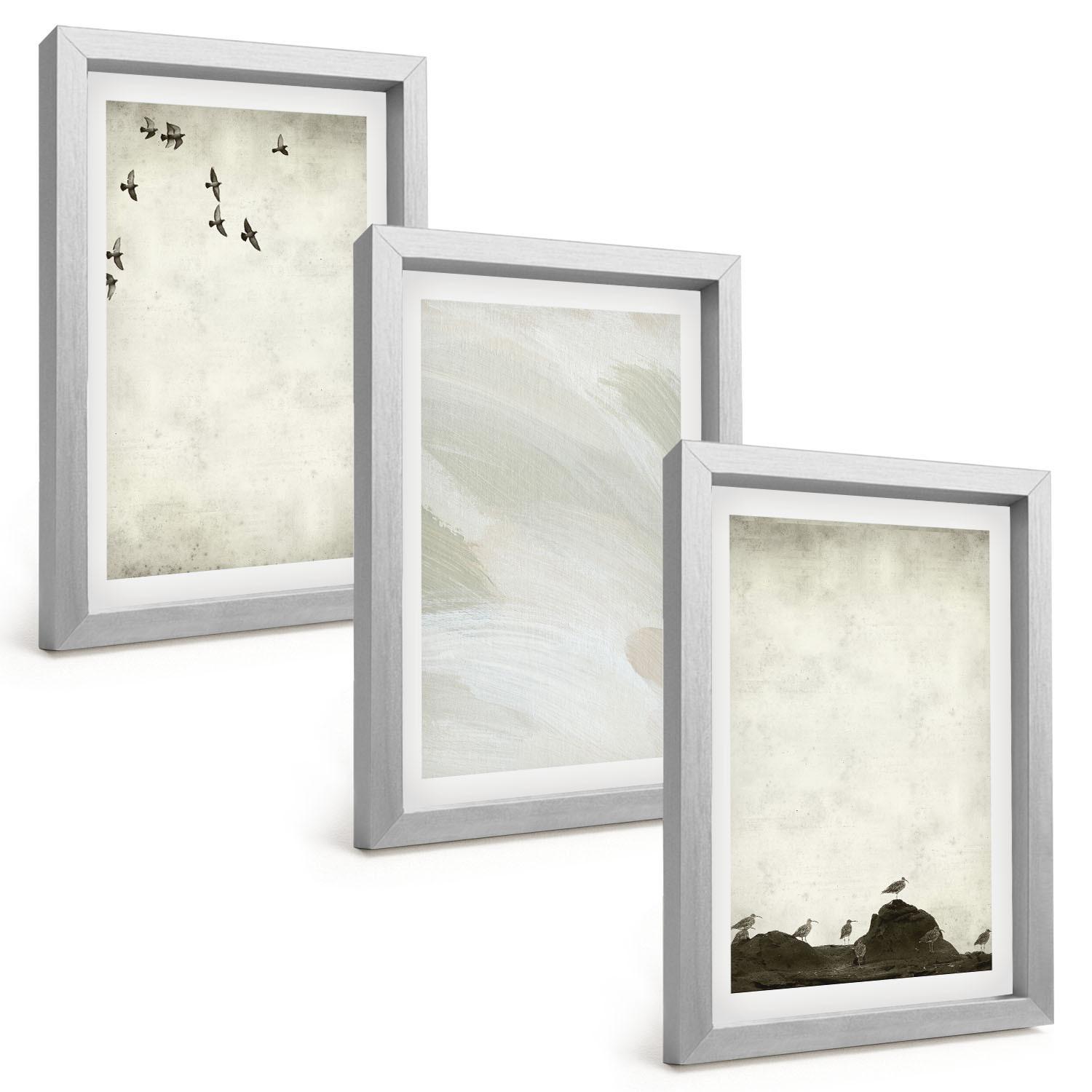 BILDER SET 3er Set - 20x30 cm Silberner Rahmen - Vögel, Steine, Pinselstriche, Verzierungen - Silberfarben, Kunststoff (20/30cm) - TULUP