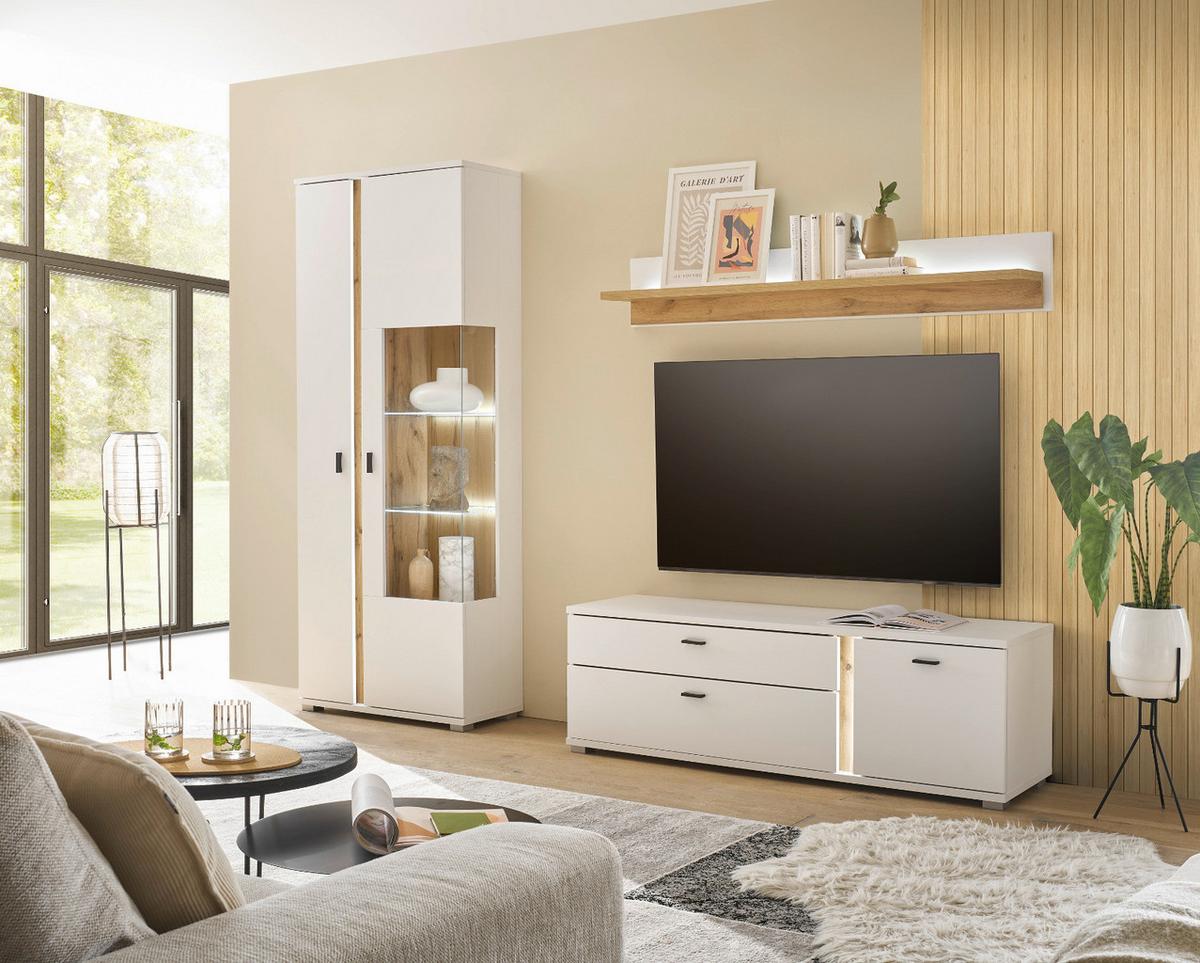 VITRINE weiß matt, Eiche Wotan 80 x 200 cm, Vitrinenschrank inklusive Frontbeleuchtung - Eiche Wotan/Silberfarben, Glas/Holzwerkstoff (80/200/35cm) - Furn.Design
