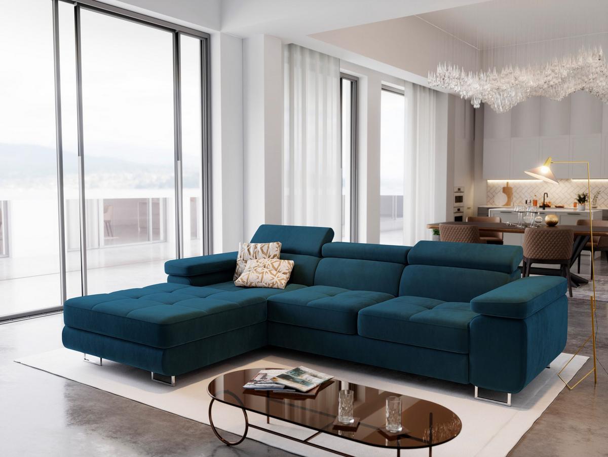 ECKSOFA ELMA L-S Blau Velours-Stoff mit Schlaffunktion - Blau/Silberfarben, Holz/Textil (280/205cm) - MASSENO