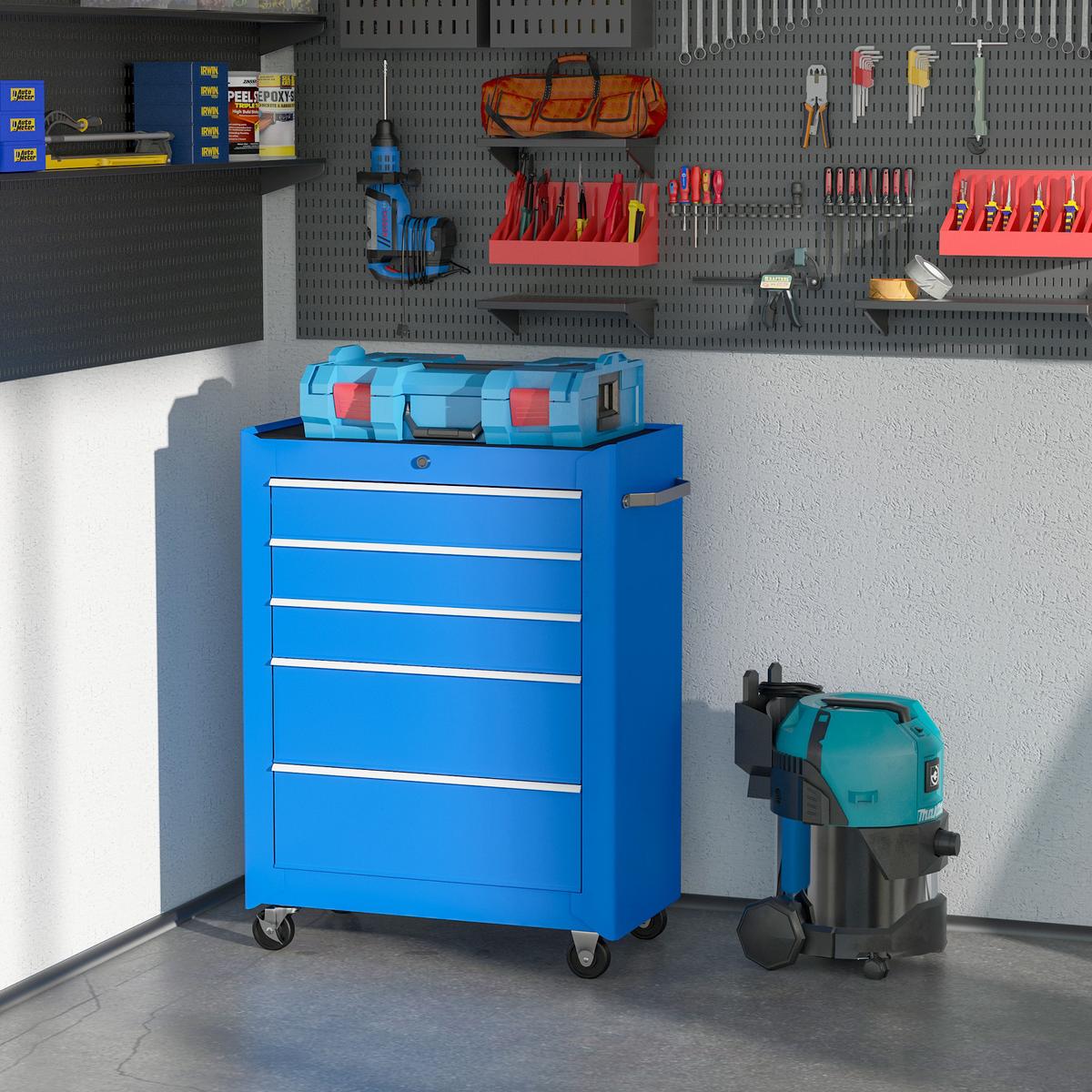WERKZEUGWAGEN mit 5 Schubladen Blau - Blau, Metall (33/82.5/61.5cm) - HOMCOM